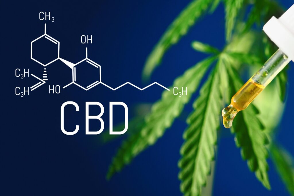 CBD oil advancements are demonstrated as it is being poured into a bottle with a leaf in the background.