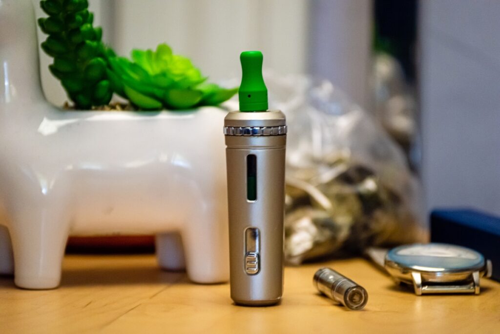 A small electronic device is sitting on a table next to a plant, showcasing the best cbd vapes.