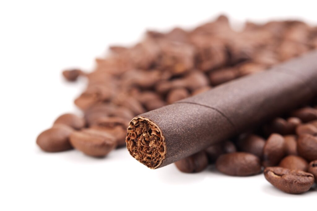 Close-up of a dark, unlit cigar surrounded by scattered coffee beans on a white background, perfectly highlighting a classic cigar and coffee pairing.