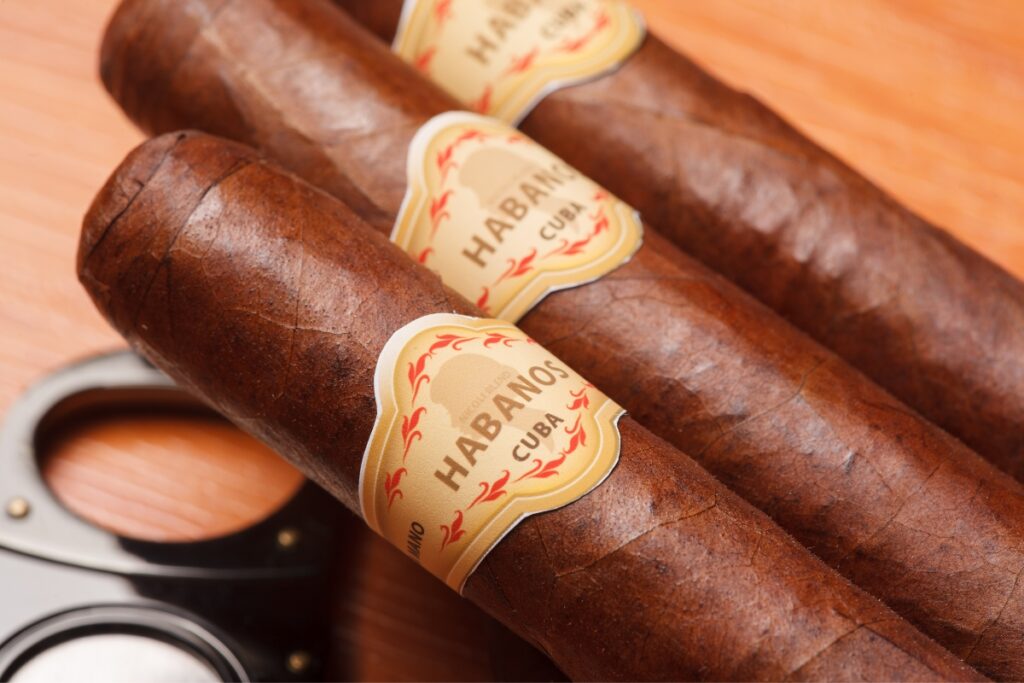 Close-up of three Cuban cigars showcasing "Habanos" labels, symbolizing rich tobacco history, alongside a stainless steel cigar cutter on a wooden surface.