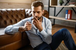 A man in a light blue shirt and navy trousers sits on the floor by a leather sofa, lighting a cigar with a lighter in what looks like a chic home smoking lounge.