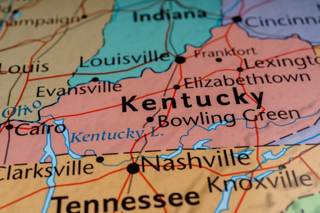 A close-up of a map highlighting the state of Kentucky and parts of surrounding tobacco-producing states. Major cities like Louisville, Lexington, Bowling Green, and Nashville are clearly marked.