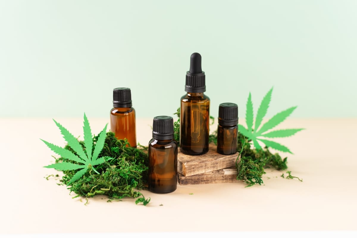 Four brown glass bottles with droppers rest among verdant cannabis leaves and moss on a light surface, framed by a soft green background. These visuals dispel common CBD myths, highlighting the natural essence of this plant extract.