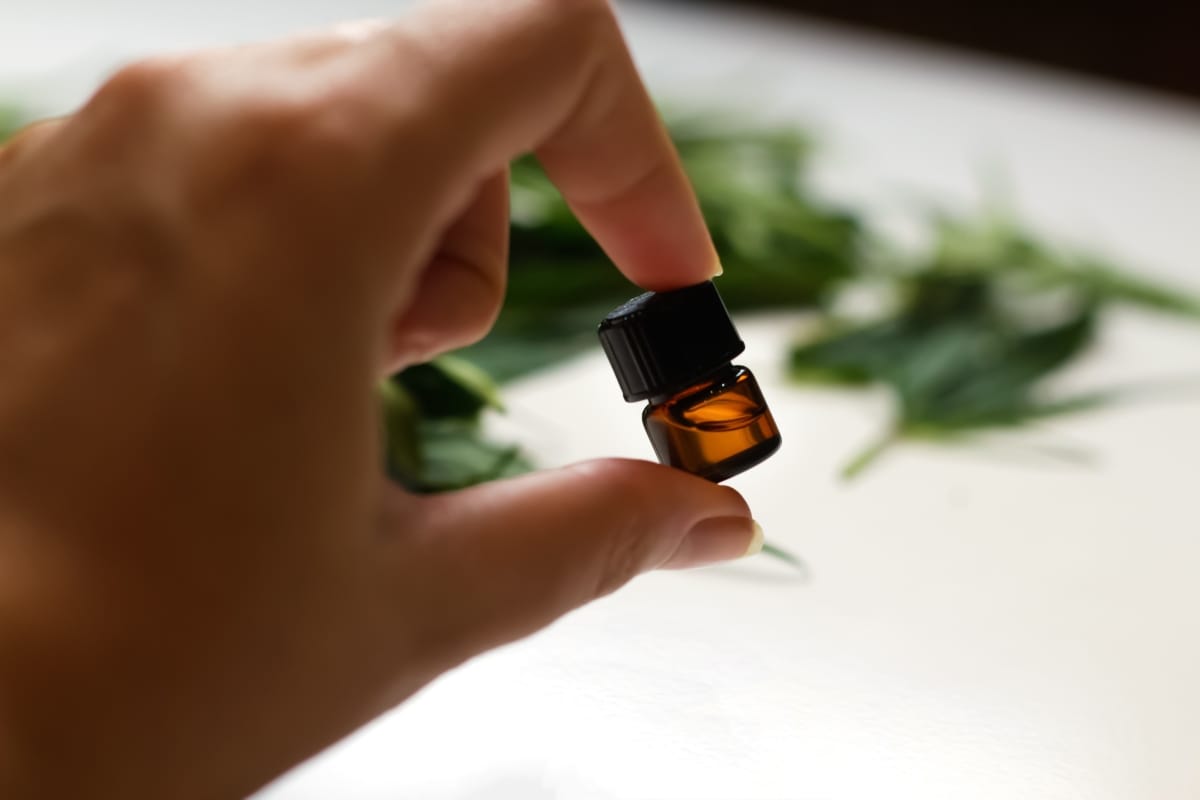 A hand holds a small amber glass bottle with a black cap, hinting at the natural essence of CBD vape pens, with green leaves in the blurred background on a white surface.