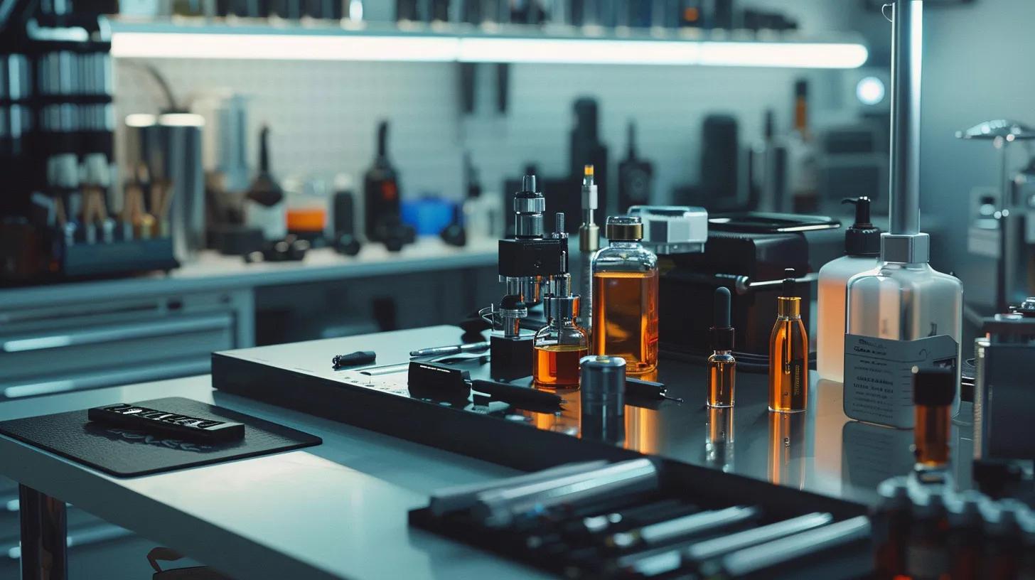 a meticulously arranged vape maintenance setup featuring gleaming tools and a pristine vape device, illuminated by soft natural light, conveying an atmosphere of precision and care in prolonging vape life.